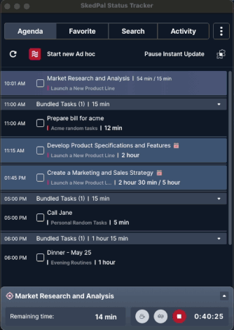 SkedPal status tracker dashboard showing task completion progress and daily goal tracking